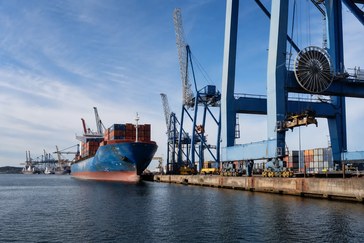 Container ship at an industrial quay with cranes