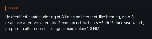 Recommended action: hail on VHF ch.16